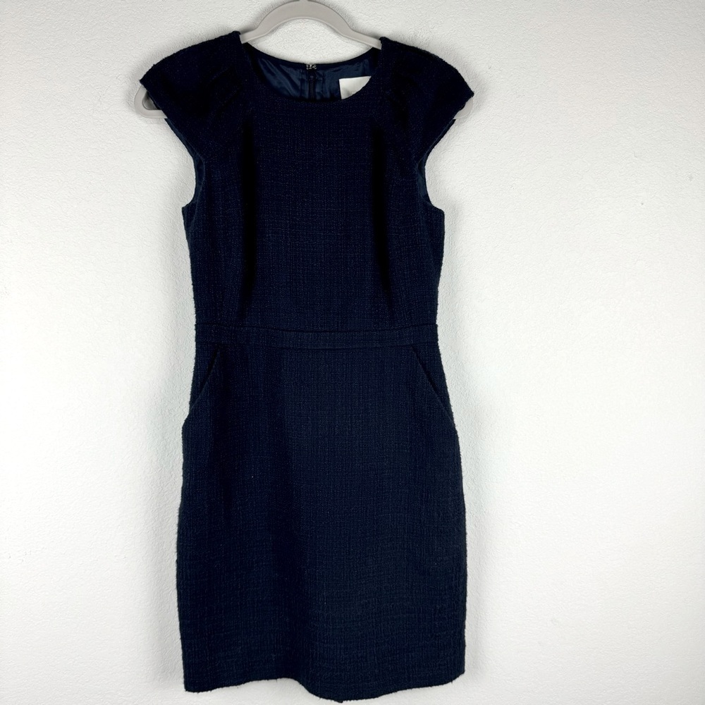 J. Crew Navy Cotton Boucle Tweed Lined Cap Sleeve Sheath Dress